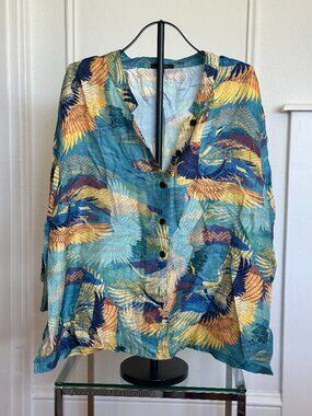 Dressori Silk Blend Blouse 3X | Crane Print Art Top Blue Gold